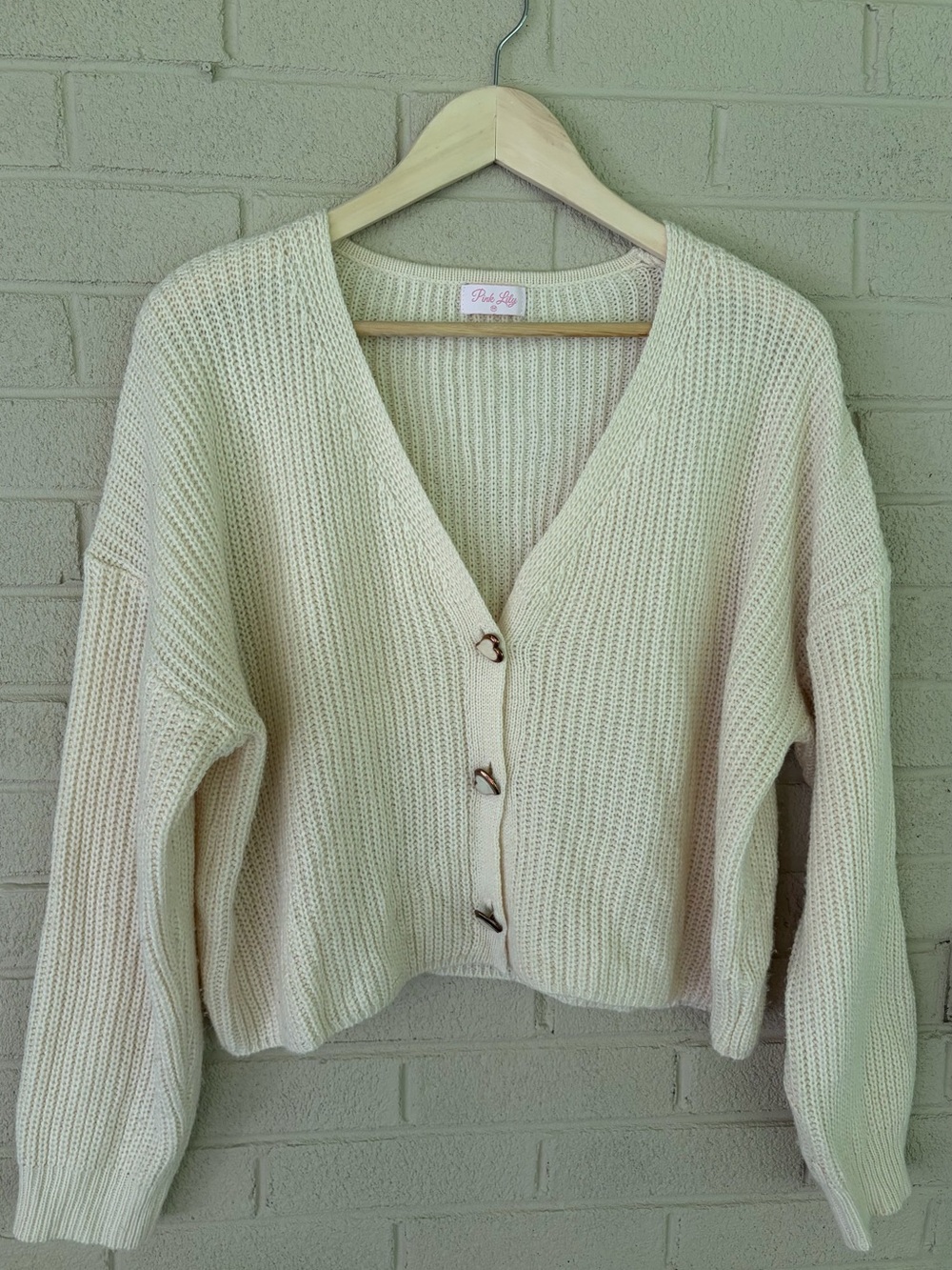 Pink Lily Ivory Knit V-Neck Button Cardigan